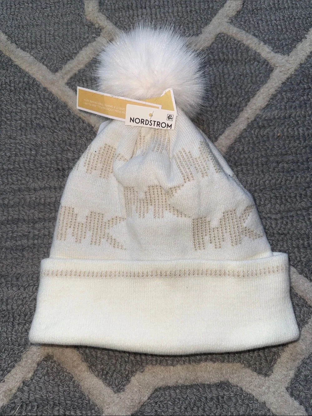 Michael Kors Diamond Cable Pom Beanie Cream Gold NWT